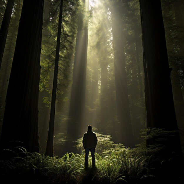 Shadows of the Giants A Silhouette of a Person Stands Among Majestic Redwood Trees