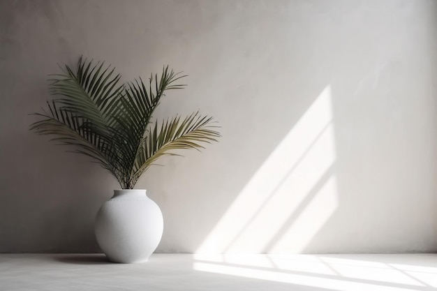 Shadows home wall sunlight interior vase decor ceramic palm tree design concrete Generative AI