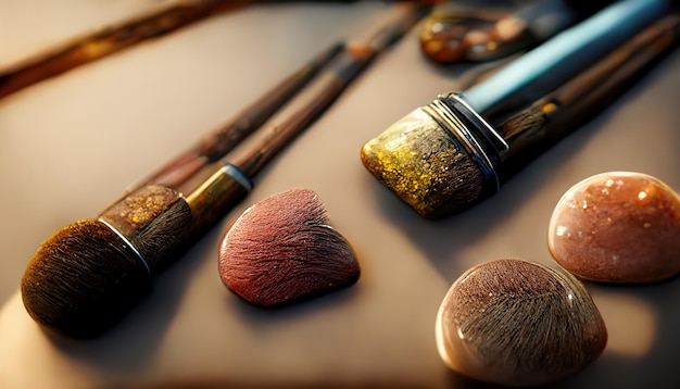 Photo shadows and makeup brush make up set soft makeup brushes and maskara on black background makeup brushes on background with colorful powder makeup background