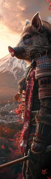 Foto nelle ombre del monte fuji un cinghiale vestito da guerriero samurai si esercita con una lancia di legno