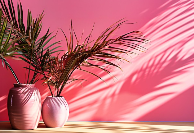 shadows of palm leaves on a pink wall