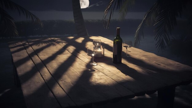 Shadows of palms and empty wooden table