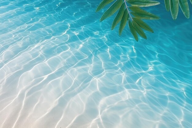 Shadows of tropical leaves on blue water sand Tropical summer banner vacation Generative AI