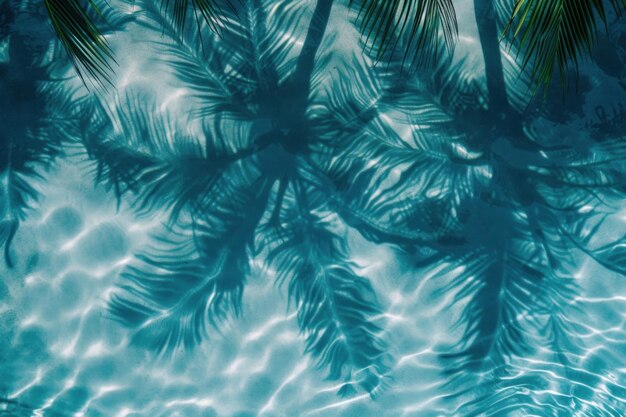 Shadows of tropical leaves on blue water sand Tropical summer banner vacation Generative AI