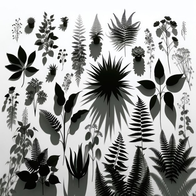 the shadows of various plants on a pure white background