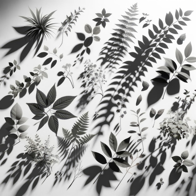 тени различных растений на чистом белом фоне