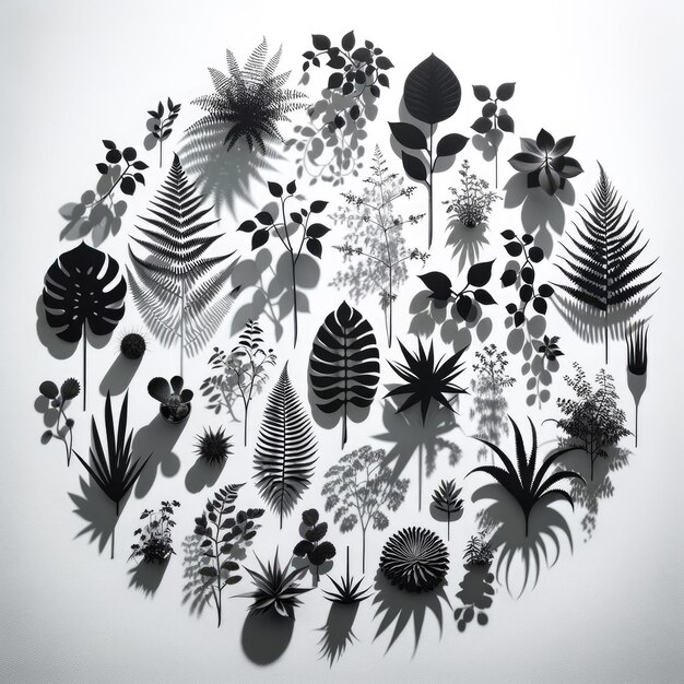 the shadows of various plants on a pure white background