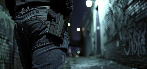 shadowy figure stands in a graffiti alley handgun holstered under the glow of distant lights