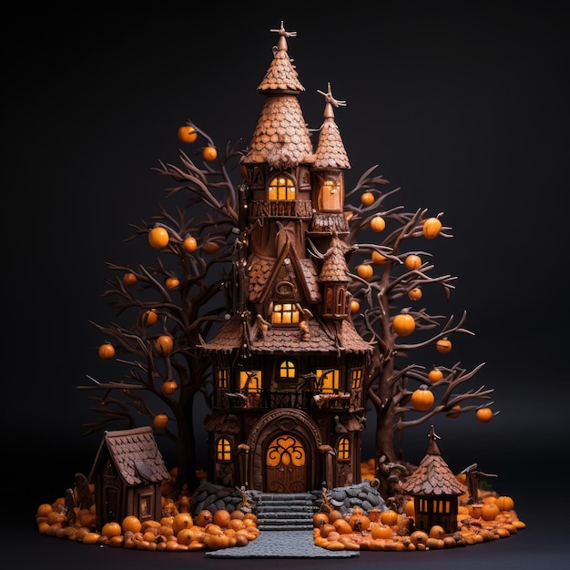 A shadowy forest with a witch's house made of gingerbread