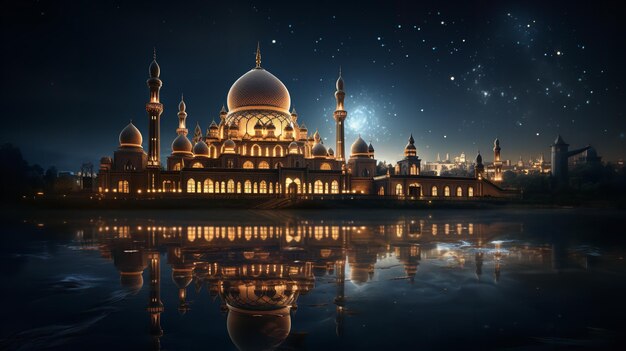 A shadowy image of a mosque with the backdrop of a full moon Generative AI