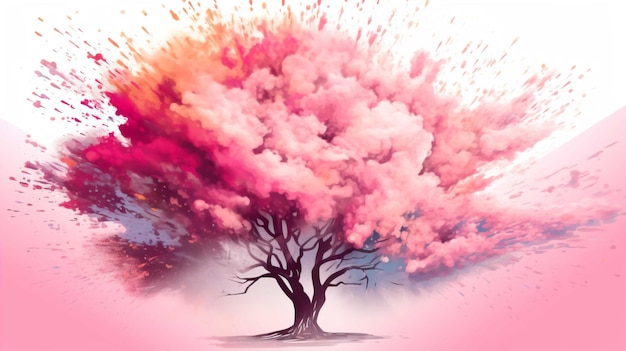 Foto albero ombreggiato con foglie rosa spruzzo di fumo esplosione sfondo palette di colori pastello generare ai