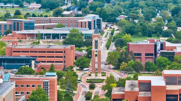 Shafer Tower in heart of campus Ball State University aerial Muncie Indiana