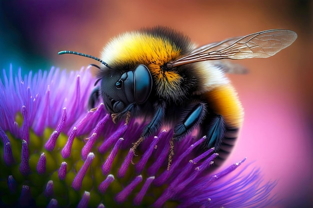 Лохматый блеби с черными глазами на фиолетовом цветке пчелы, созданный с помощью генеративного ИИ