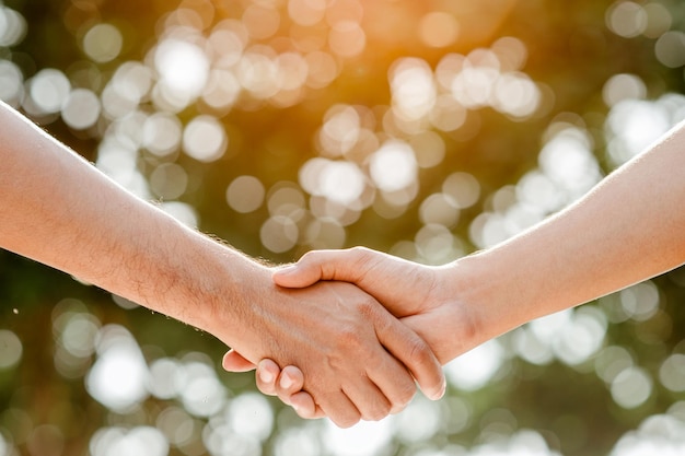 Shake hands in park.finishing up a meeting.Men shaking hands.