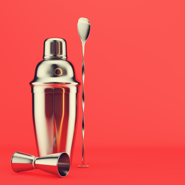 Shaker, jigger and bar spoon on red background. 3d render