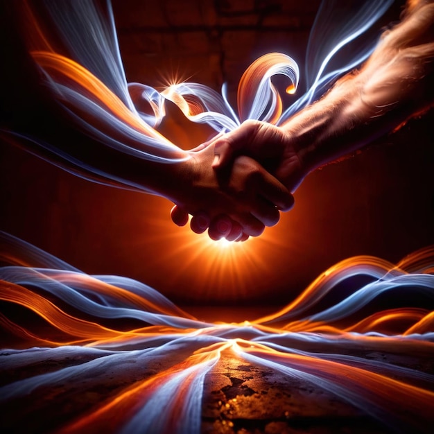 Shaking hands dynamic photo of friendship agreement and trust with dynamic light streaks