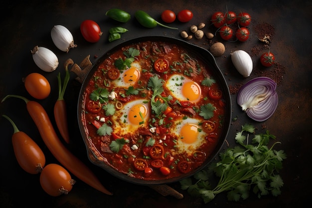 토마토 AI 세대의 소스에 데친 계란의 Shakshouka 요리