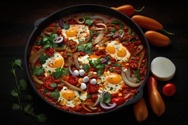 토마토 AI 세대의 소스에 데친 계란의 Shakshouka 요리