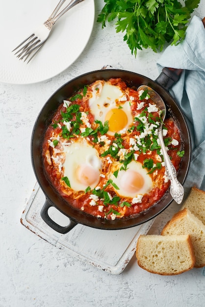 Shakshouka, eggs poached in sauce of tomatoes, olive oil. Mediterranean cuisine.