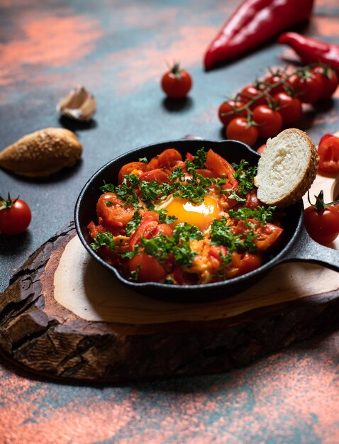 Shakshouka eggs poached in a sauce of vegetables