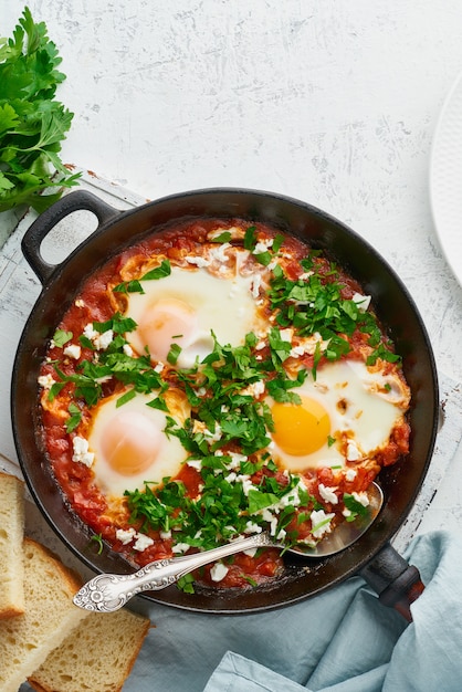 Shakshouka, eieren gepocheerd in tomatensaus, olijfolie. Mediterrane keuken.