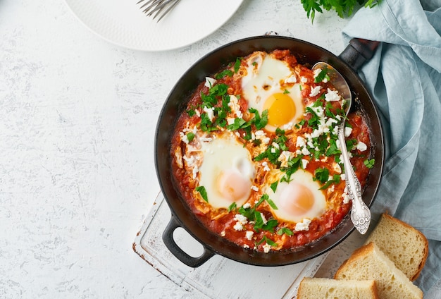 Shakshouka, eieren gepocheerd in tomatensaus, olijfolie. Mediterrane keuken.