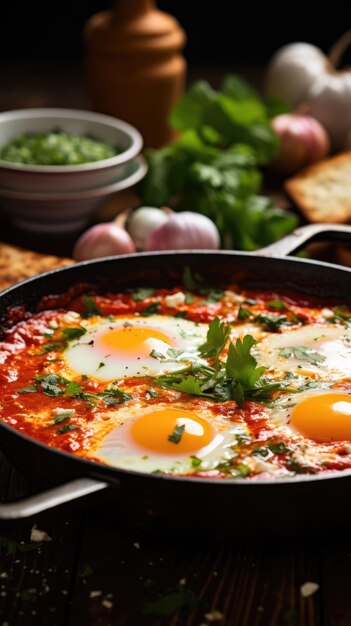 사진 샤크슈카 (shakshouka) 는 토마토 소스에 인 달으로 만든 마그레브 요리이다.