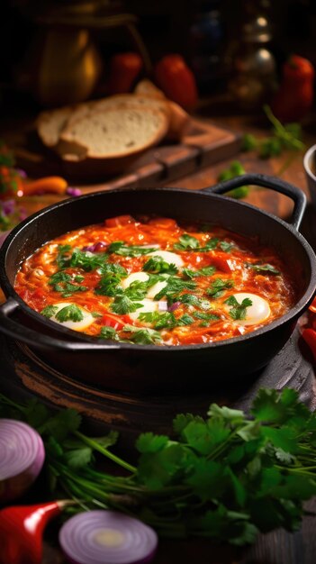 Shakshouka is een Maghrebi gerecht van eieren gepocheerd in een saus van tomaten