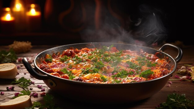 Shakshouka is een Maghrebi gerecht van eieren gepocheerd in een saus van tomaten