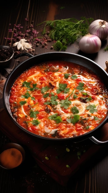 Shakshouka is een Maghrebi gerecht van eieren gepocheerd in een saus van tomaten