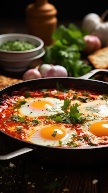 Photo shakshouka is a maghrebi dish of eggs poached in a sauce of tomatoes