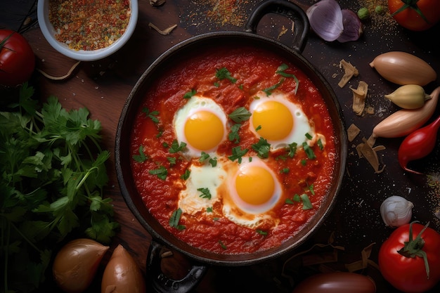 Shakshuka Breakfast Healthy Vegetable Shakshouka with Eggs Israel Shakshuka Abstract Generative AI Illustration