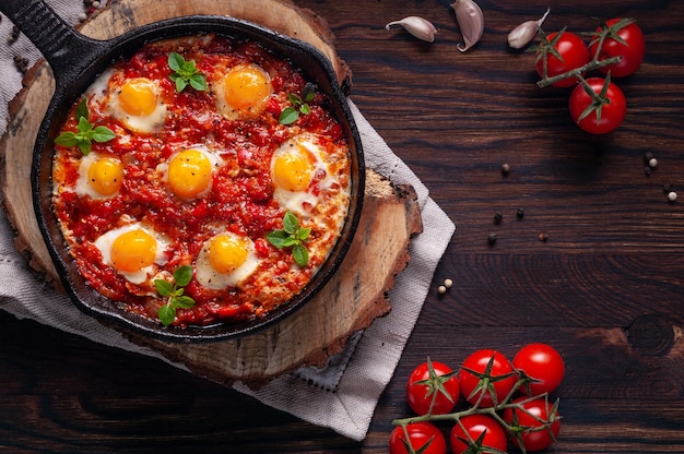 Shakshuka in a cast iron portioned pan on a wooden background top view