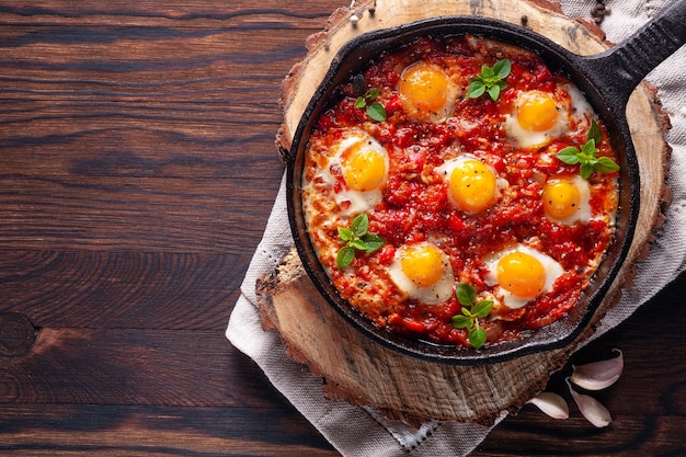 . Shakshuka in a cast iron portioned pan on a wooden background top view