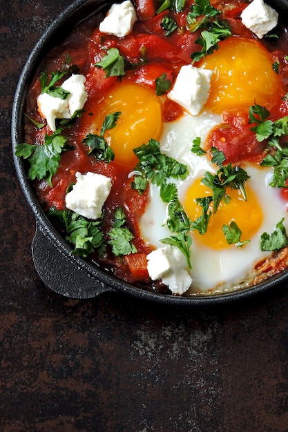 Shakshuka in a cast iron skillet. Flat Lay.