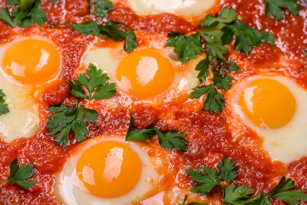 Shakshuka a dish with fried eggs with tomato sauce sweet pepper garlic onions spices and herbs