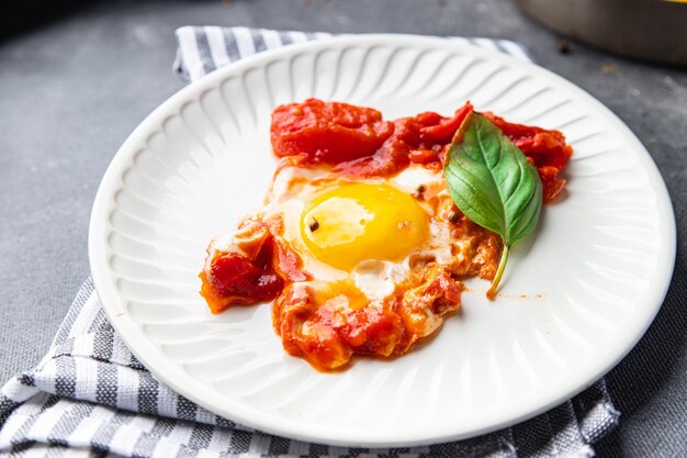 Shakshuka uova, pomodoro, pepe, verdure colazione pasto sano cibo spuntino dieta sulla copia del tavolo