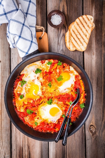 Shakshuka Fried eggs with tomato paprika and parsley on wooden table