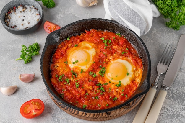 Shakshuka in a frying pan Eggs cooked in tomato sauce with spices and fresh parsley Copy space