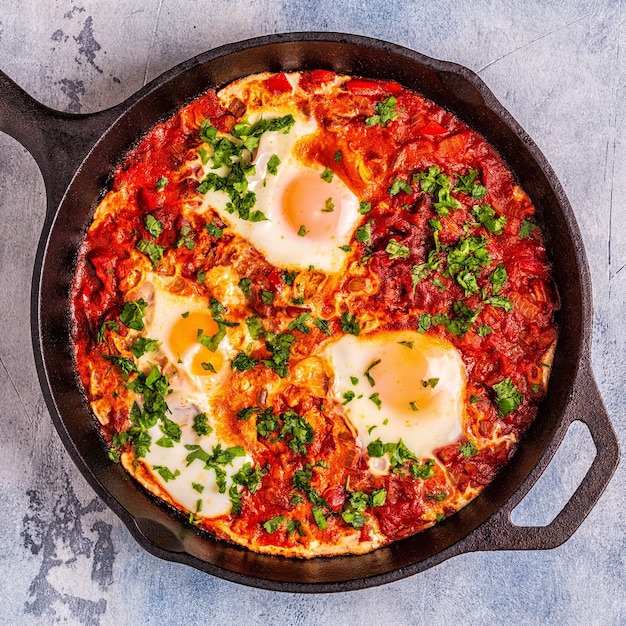 매운 토마토 후추 소스에 데친 후라이 팬 계란에 Shakshuka