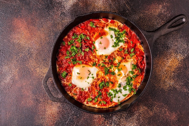 Shakshuka in a Frying Pan. Eggs Poached in Spicy Tomato Pepper Sauce.