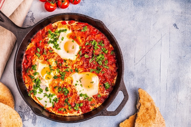 Shakshuka in a Frying Pan. Eggs Poached in Spicy Tomato Pepper Sauce.