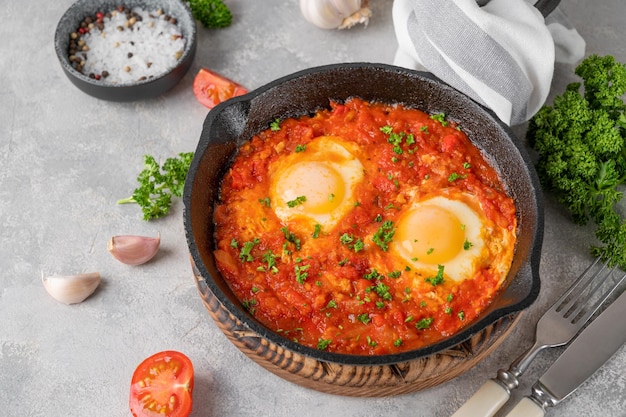 Photo shakshuka in a frying pan on a gray concrete background with ingredients eggs cooked in tomato sauce