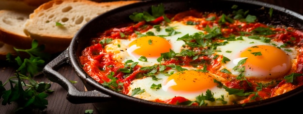 Photo shakshuka in a frying pan selective focus food