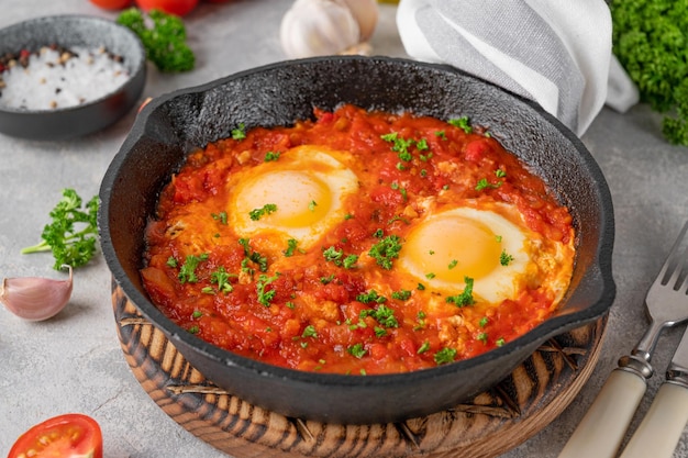 Shakshuka in a frying pan with ingredients Eggs cooked in tomato sauce with spices