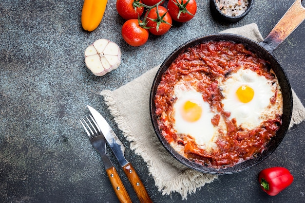 Shakshuka, gebakken eieren in tomatensaus in ijzeren koekenpan