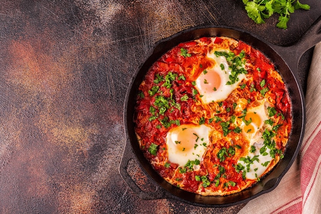 Shakshuka in een koekenpan. Eieren gepocheerd in pittige tomaten-pepersaus.