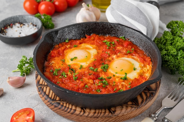 Shakshuka in een koekenpan met ingrediënten Eieren gekookt in tomatensaus met kruiden en verse peterselie