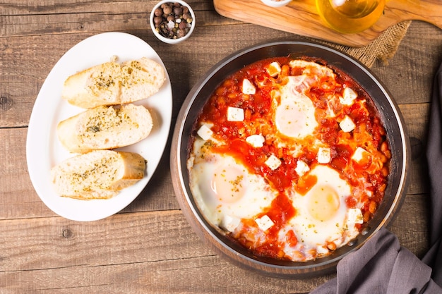 Foto shakshuka fatto di uova cotte in salsa al peperoncino di pomodoro