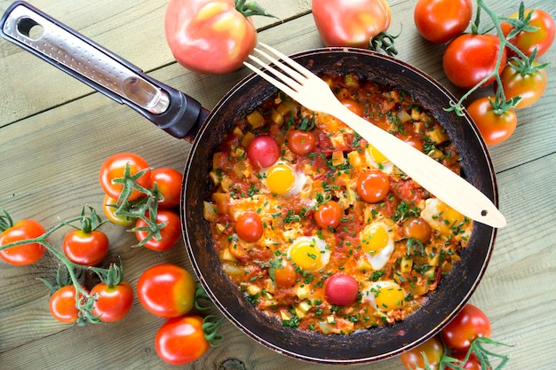 Shakshuka met pitabroodje op de pan.